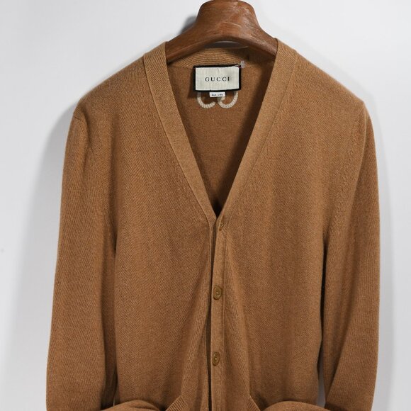 Gucci V-Neck Cardigan Embroidered GG Brown - Picture 3 of 12